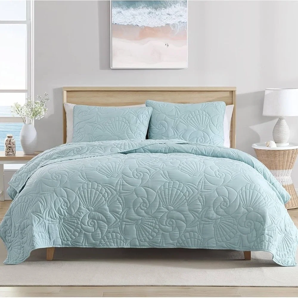 CARIBBEAN JOE Full/Queen Outlined Shell 3-Piece Quilt Set, Coastal Beach , Aqua